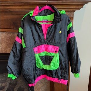 Vintage Paris Sports Club 1980s neon retro hot pink & green winter ski coat L